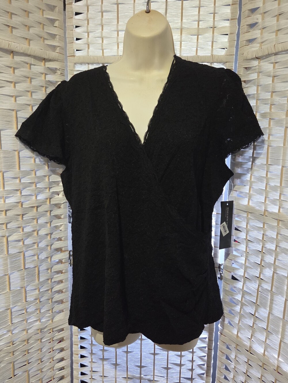 Jones New York Black Women's Short Sleeve V-Neck Wrap Top